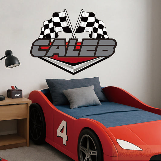 Personalized Racing Wall Decal - Custom Name Vinyl Lettering with Checkered Flags, Peel and Stick Race Car Theme Decor for Boys Bedroom or Kids Playroom