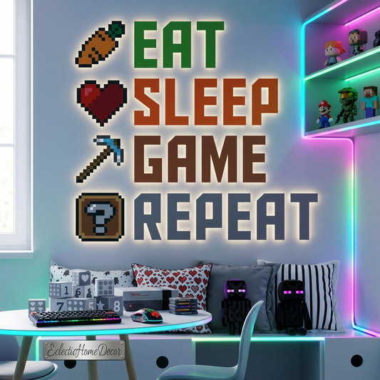 Eat Sleep Game Repeat Wall Decals Vinyl Gaming Room Decor for Boys Bedroom Large Peel and Stick Video Game Wall Stickers for Kids Playroom Nursery and New Apartment Essentials