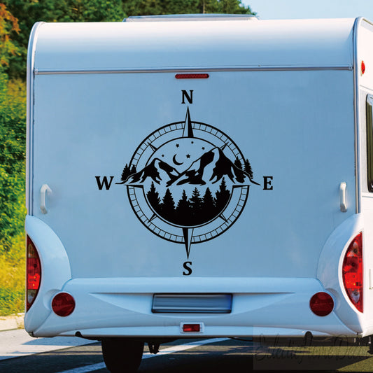 Adventure Compass Mountain Decal for Motorhomes and RVs Weatherproof Outdoor Vinyl Sticker for Car Hood Window and Camper Van Exterior Decor