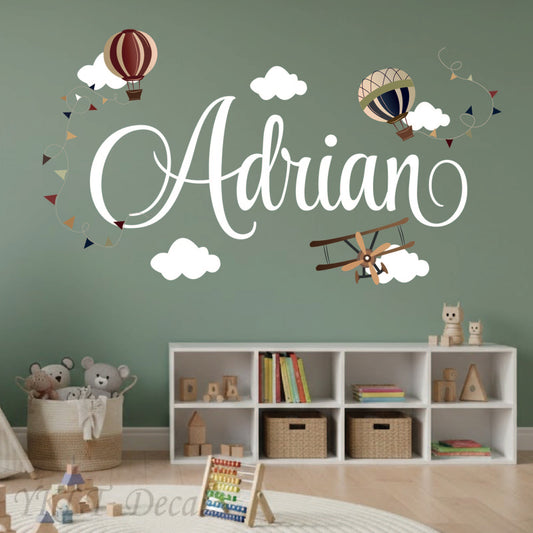 Custom name airplane wall stickers retro biplane clouds for baby room decor