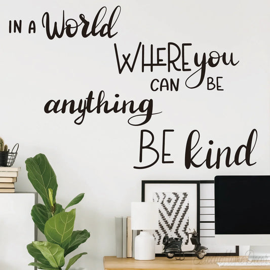 Inspirational be kind wall decal above modern kids room decor and plant, YKLT Decals