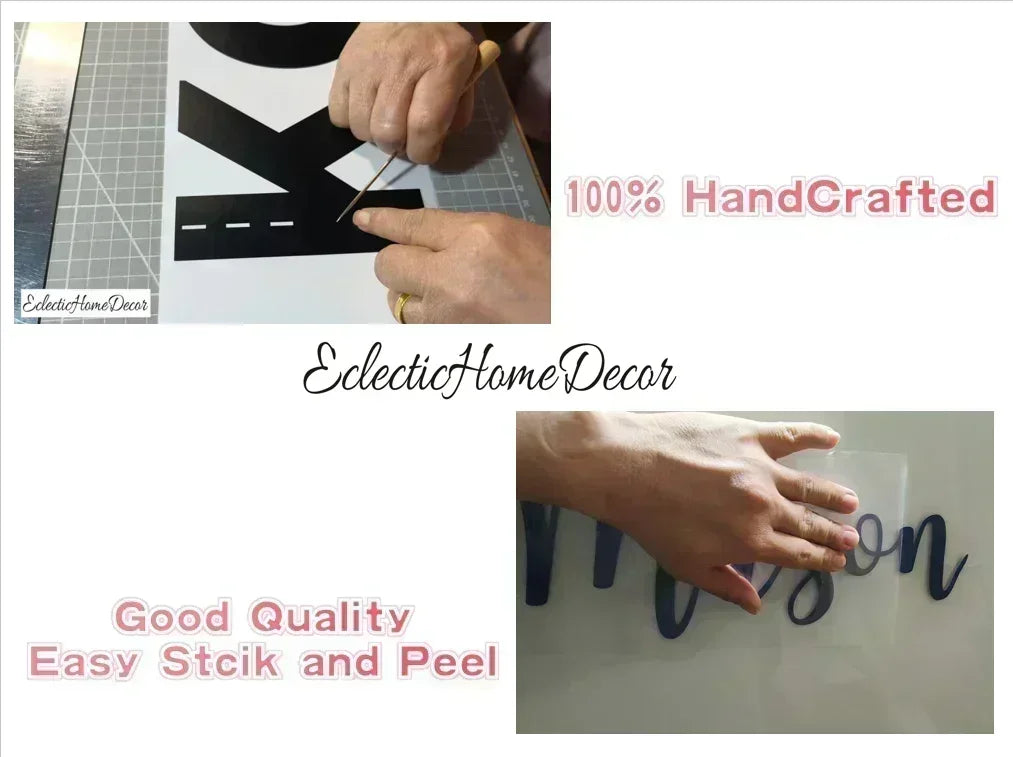 Hand applying custom wall decal, showcasing handcrafted and easy stick peel YKLT Decals quality.