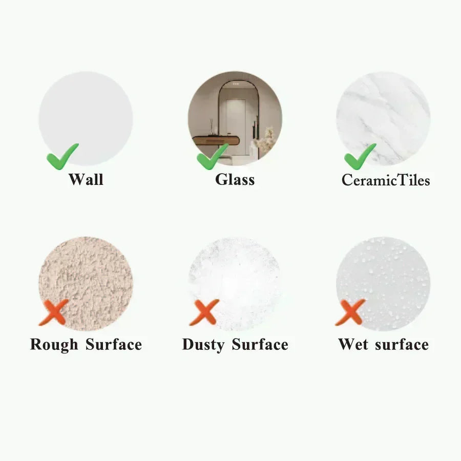 Surface suitability guide for YKLT Decals showing walls, glass, ceramic tiles as recommended and rough, dusty, wet surfaces as not recommended.