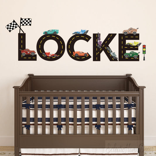 Custom name racing car wall stickers sports theme for boys bedroom