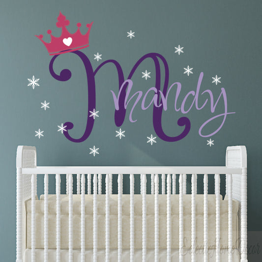 Personalized name sticker with crown monogram for princess themed bedroom
