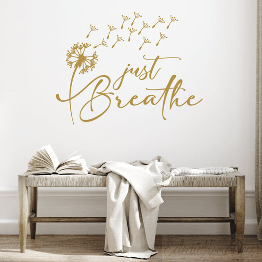 Just Breathe Wall Decal - Inspirational Dandelion Flower Wall Sticker, Removable Bedroom Living Room Home Art Decor