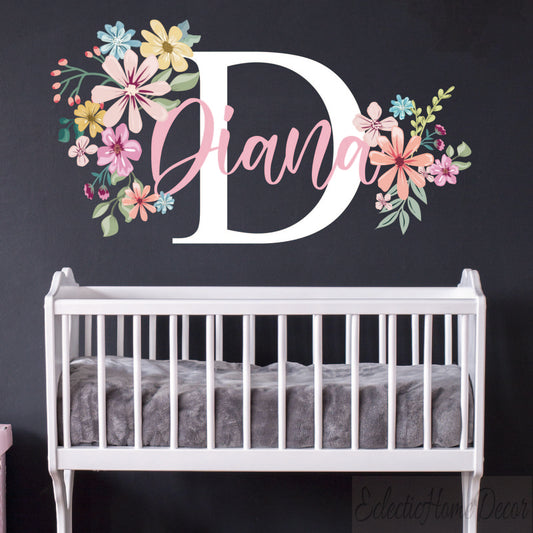 Peel and stick flower name wall decals removable girls room decoration