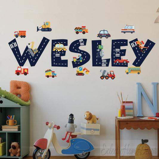 Custom name vehicle wall stickers cars trucks construction for kids playroom