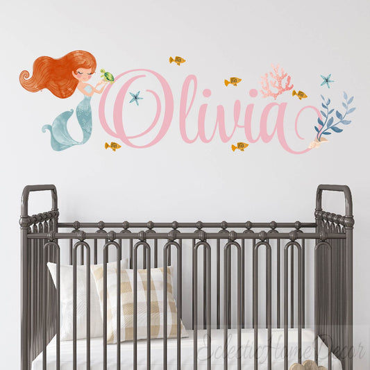 Custom name mermaid wall stickers underwater theme for baby girl bedroom
