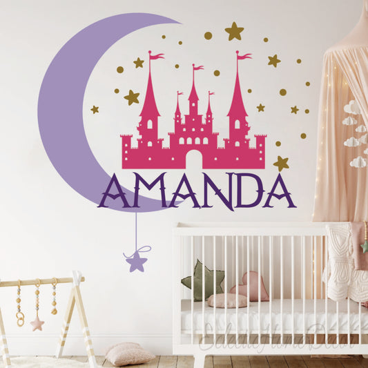 Custom name princess castle stickers pink fairytale nursery wall decor