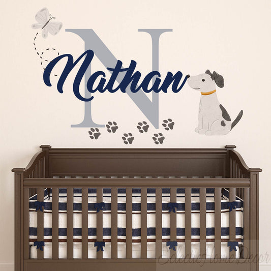 Personalized puppy wall stickers with bone and paw print for kids room decor