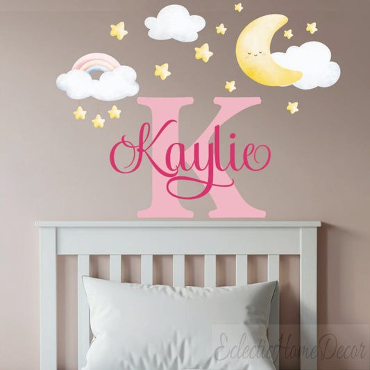 Custom name moon stars wall stickers pastel rainbow for kids bedroom