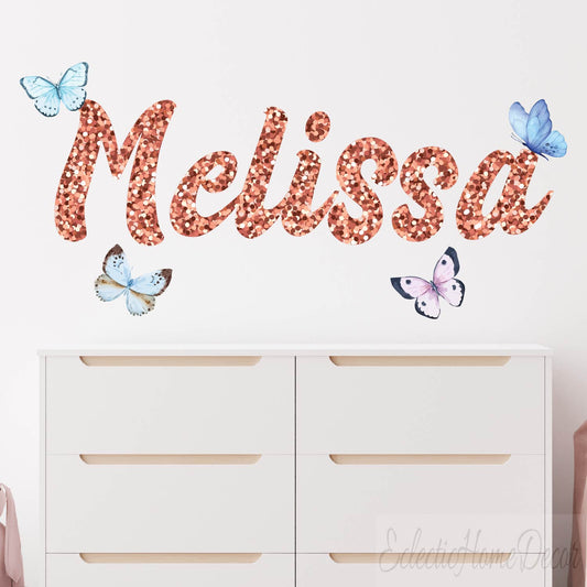 Personalized butterfly name stickers with gold foil for nursery room decor