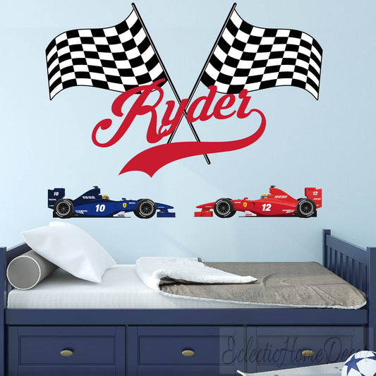 Personalized racing flag wall stickers custom name number for boys nursery