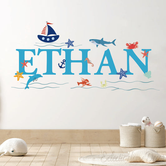 Custom name shark wall stickers under the sea theme for kids room decor