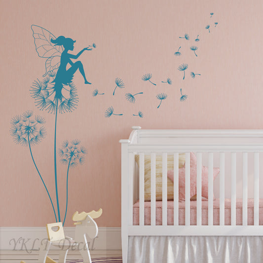 Fairy Dandelion Wall Decal - Whimsical Girls Nursery Room Decor, Peel and Stick Vinyl Wall Sticker for Kids Bedroom, Baby Girl Playroom Decoration