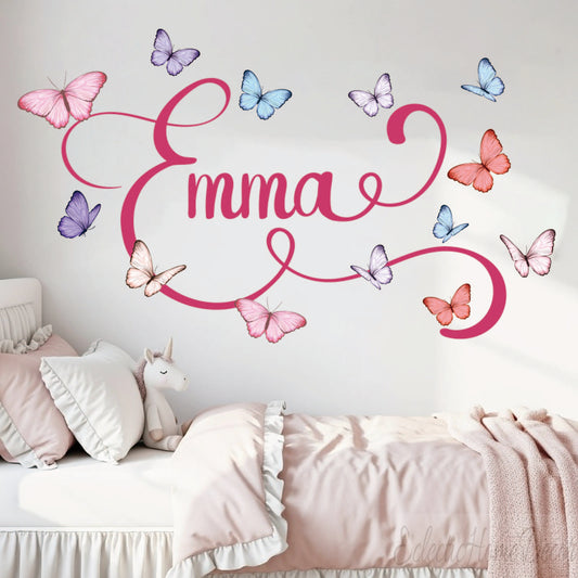 Personalized Watercolor Butterfly Wall Decal Custom Floral Girl Name Sticker for Nursery Kids Room Decor