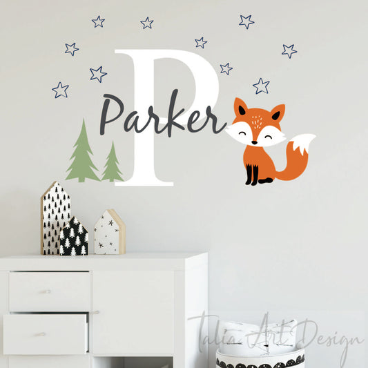 Custom name fox wall stickers woodland theme for nursery bedroom