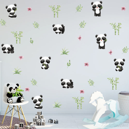 Watercolor Panda Wall Decal Set - 10-Piece Nursery Decor with Bamboo Leaves, Peel & Stick Removable Wall Art for Baby Room, Kids Bedroom, Playroom