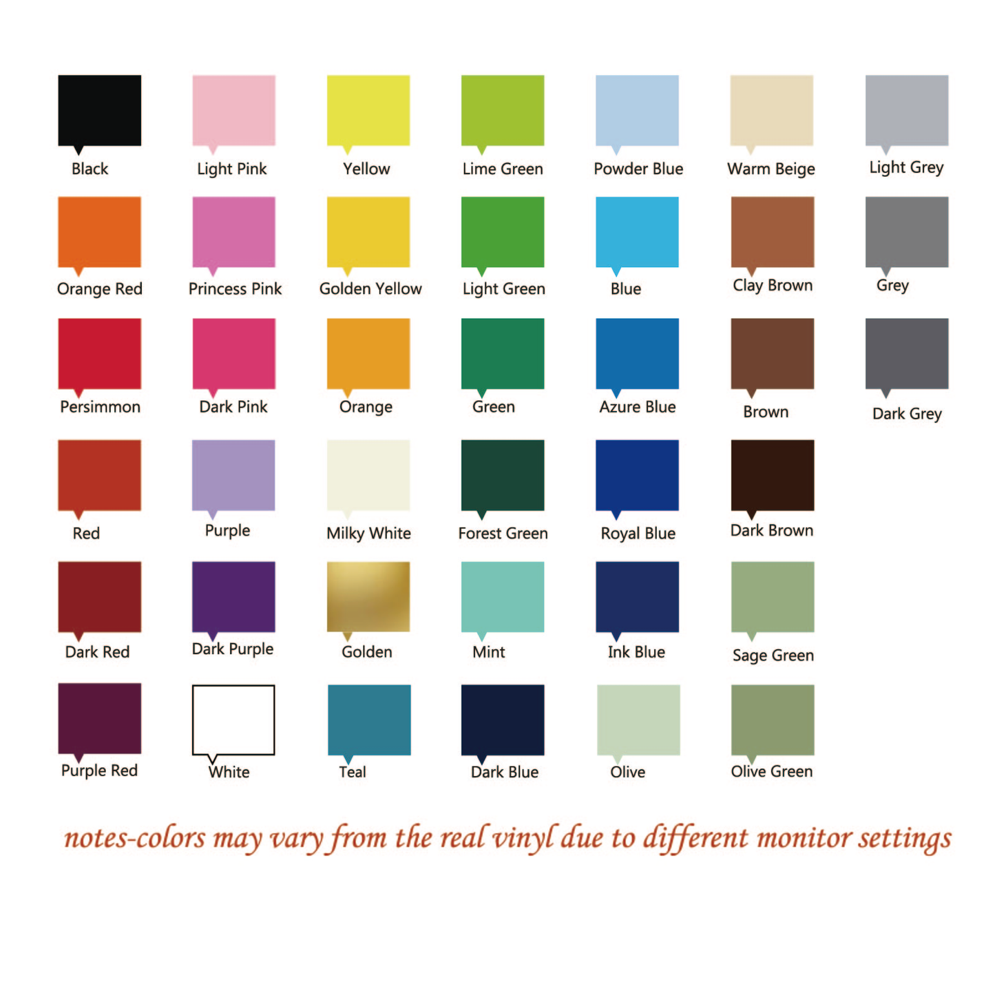 YKLT Decals vinyl color chart featuring 35 swatches for custom wall decals and kids room decor.