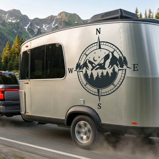 Adventure Compass Mountain Decal for Motorhomes and RVs  Weatherproof Outdoor Vinyl Sticker for Car Hood Window and Camper Van Exterior Decor