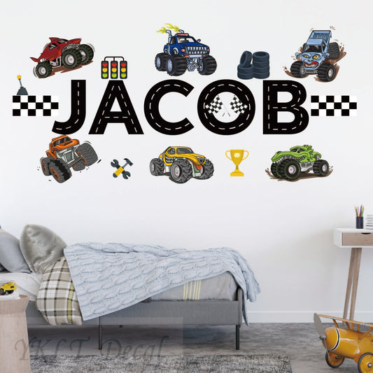 Personalized monster truck wall decals custom name trophies fire for boys bedroom
