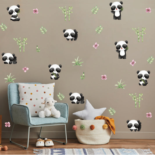 Watercolor Panda Wall Decal Set - 10-Piece Nursery Decor with Bamboo Leaves, Peel & Stick Removable Wall Art for Baby Room, Kids Bedroom, Playroom