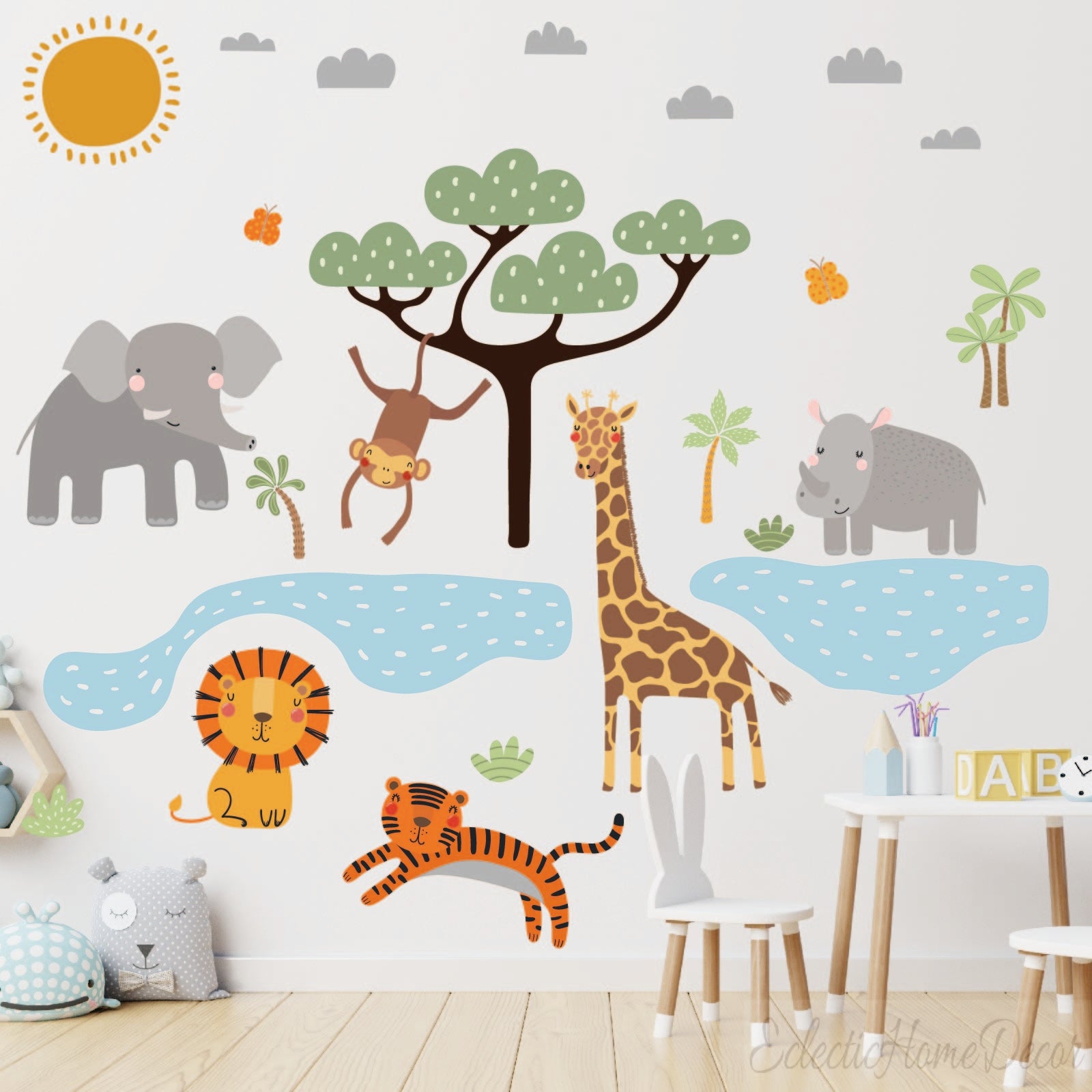 Jungle animals wall decals elephant monkey butterfly tree for kids nursery
