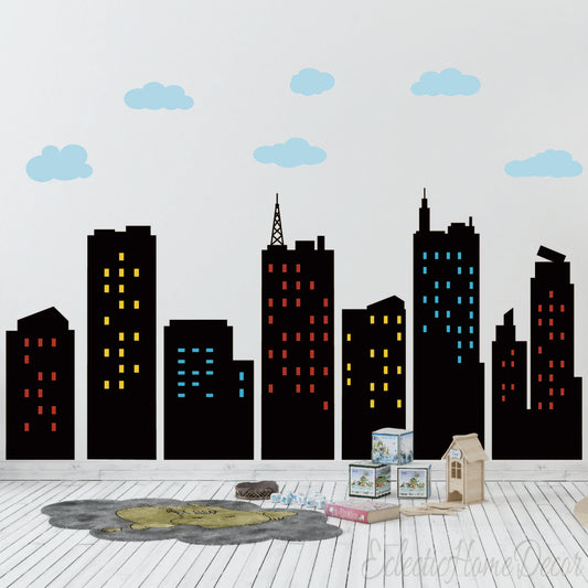 Colorful City Skyline Wall Decals Hero City Building Stars Wall Stickers,Vibrant Skyscrapers Art for Bedroom Playroom Toddler Room Wall Decor Removable Vinyl for Apartment and New Home Nurseries