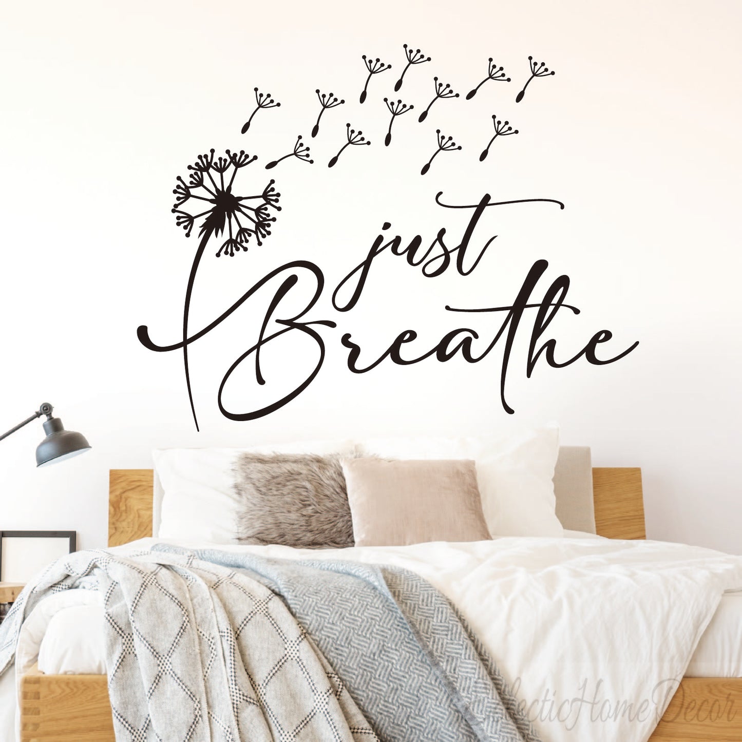 Just breathe wall decal with inspirational dandelion flower design
