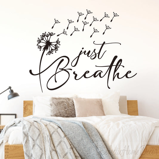 Just Breathe Wall Decal - Inspirational Dandelion Flower Wall Sticker, Removable Bedroom Living Room Home Art Decor