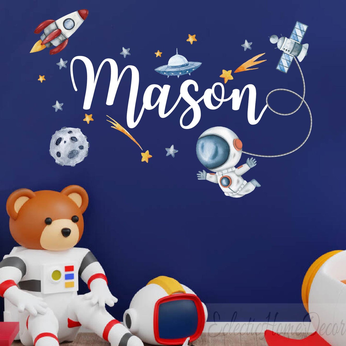 Personalized astronaut wall decals custom name spaceship planets for kids nursery

