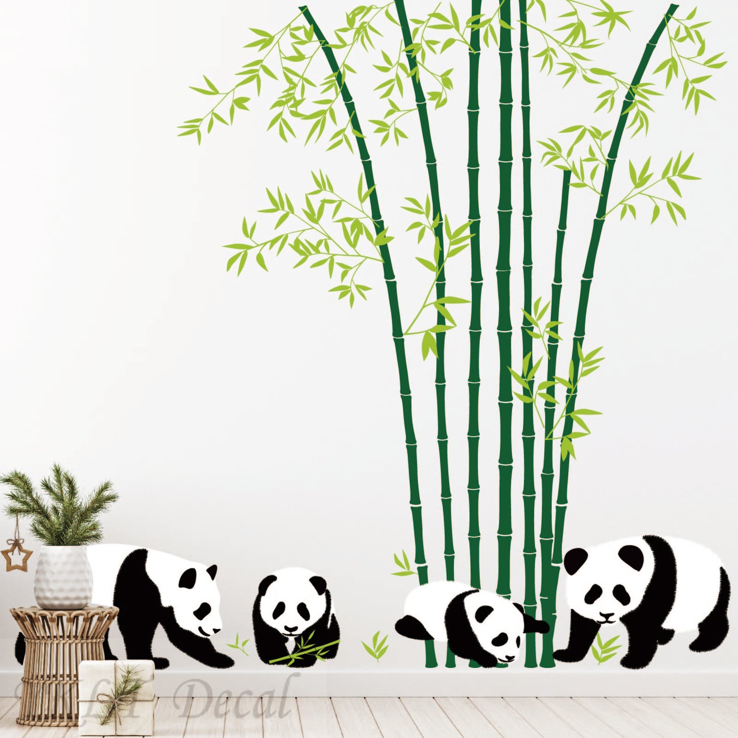 Large panda wall decals with bamboo tree for kids nursery room
