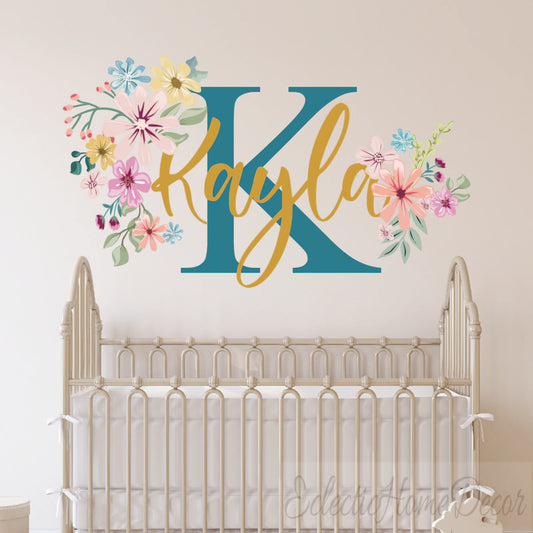 Custom Flower Name Wall Decal for Girls - Personalized Nursery Wall Decor, Floral Baby Room Sticker, Elegant Child's Bedroom Decoration