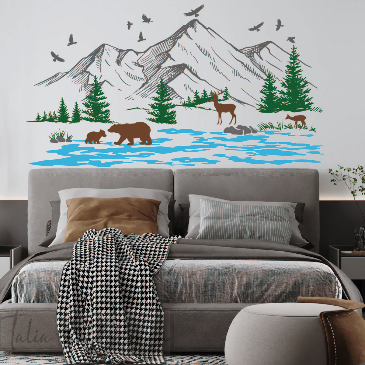 Woodland Mountain Landscape Wall Decal - Pine Trees, Birds & Forest Animals Vinyl Sticker