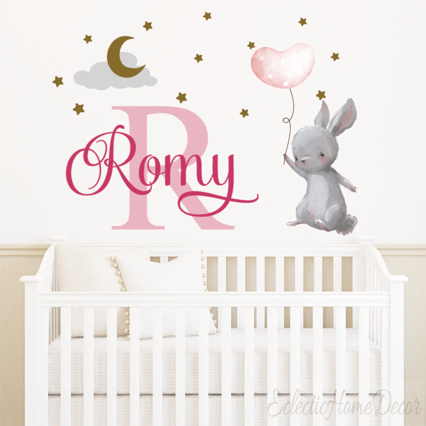 Custom bunny wall decal with personalized name and colorful balloons for nursery
