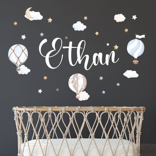 Custom Baby Name Wall Decal - Personalized Hot Air Balloon & Cloud Nursery Stickers Unique Room Decor for Girls & Boys, Waterproof Removable Vinyl, Easy to Apply
