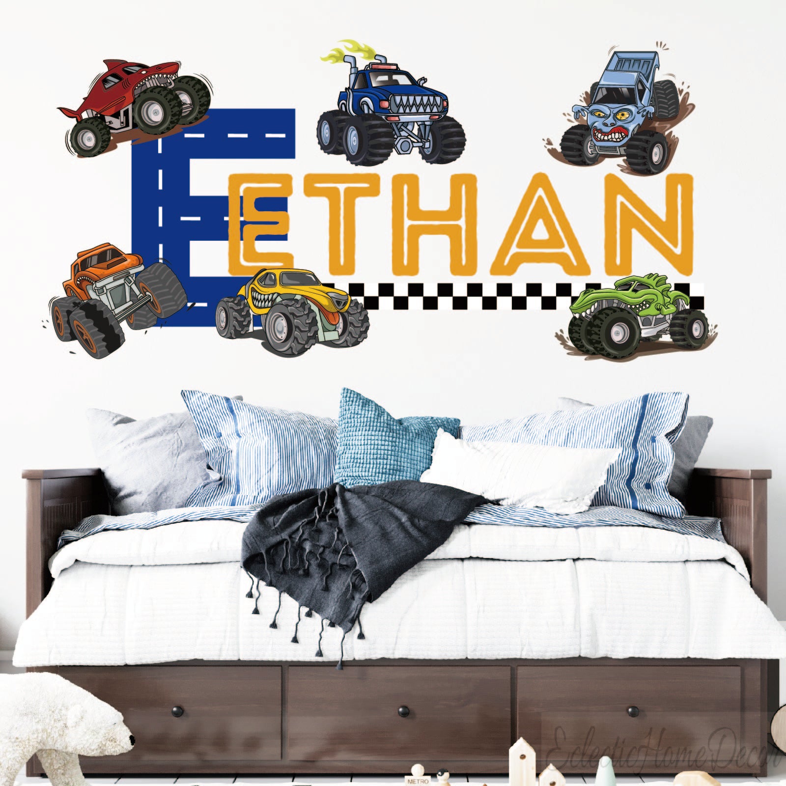 Personalized monster truck wall decals with custom name for boys bedroom
