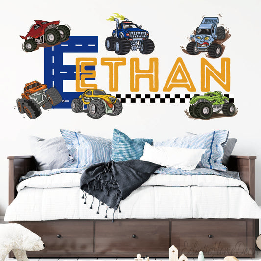 Personalized Boy Name Wall Decals - Custom Monster Truck Wall Stickers with Trophy, Fire, and Cars for Kids' Bedroom Decor