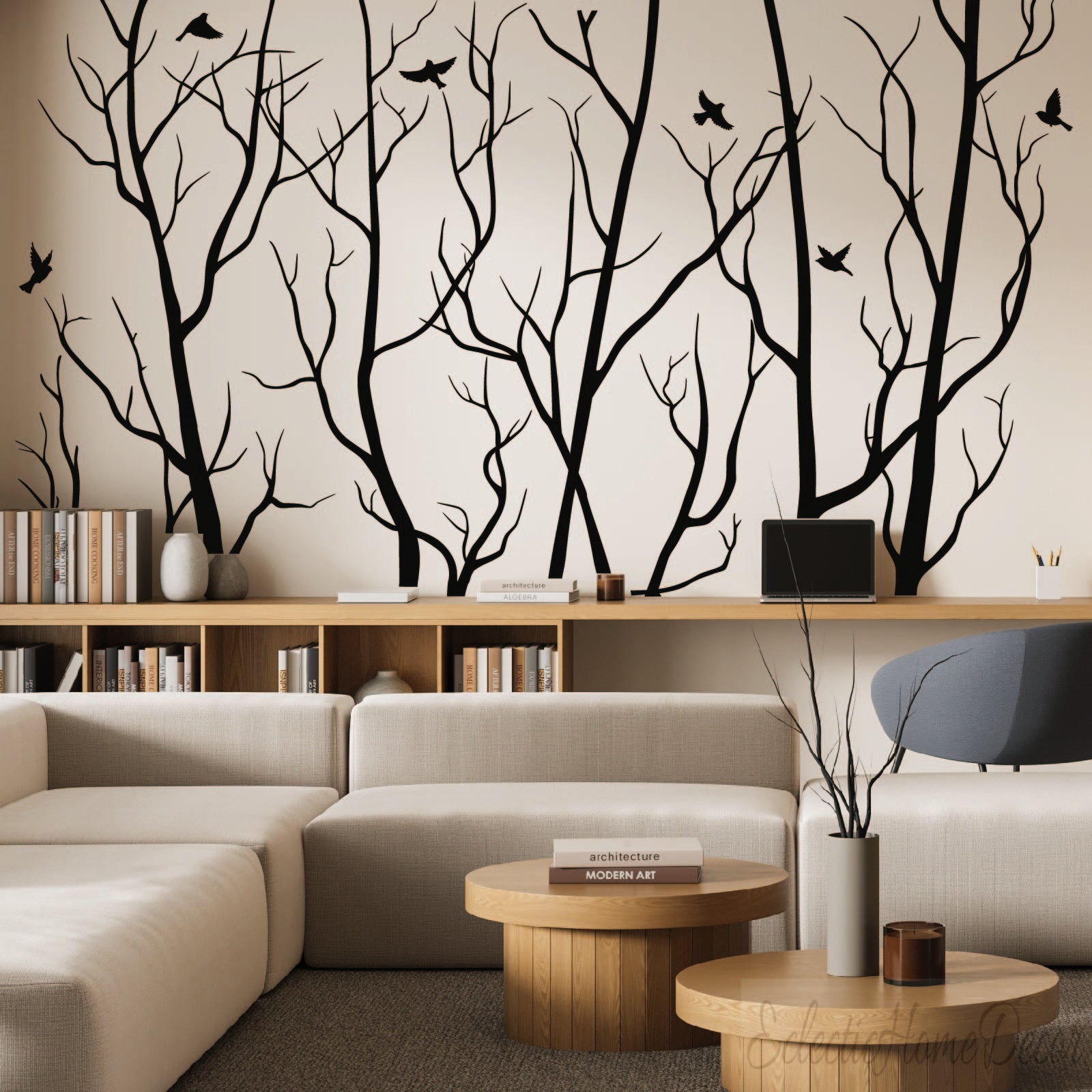 Forest tree and birds wall decal - large black vinyl sticker for nursery
