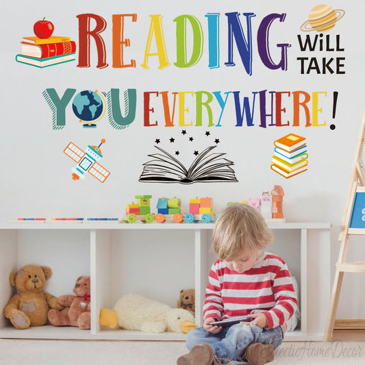 Custom Color Reading Quote Wall Decal – Inspirational Classroom & Nursery Sticker, Motivational Playroom Decor for Kids & Teens.