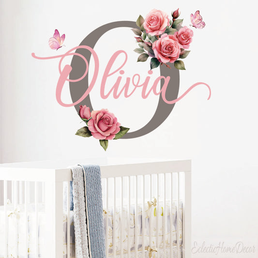 Personalized pink flower wall decals rose design custom name for girls nursery
