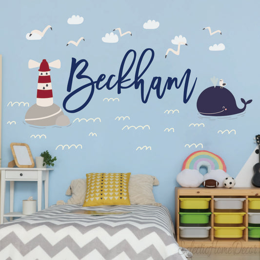 Personalized lighthouse whale wall decals nautical ocean theme for kids room

