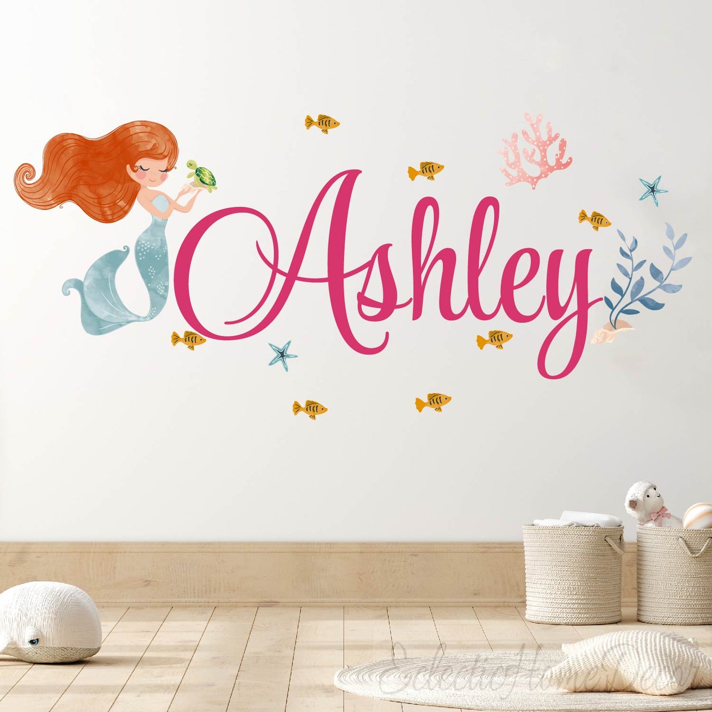 Personalized little mermaid wall decals sea life coral fish for girls nursery
