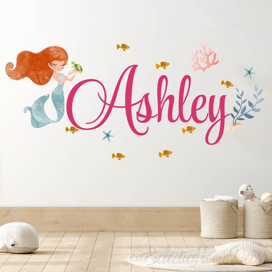 Personalized little mermaid wall decals sea life coral fish for girls nursery
