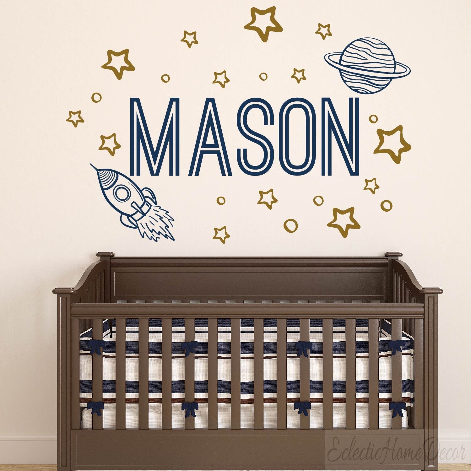 Personalized space wall decals custom name rockets planets stars for boys nursery
