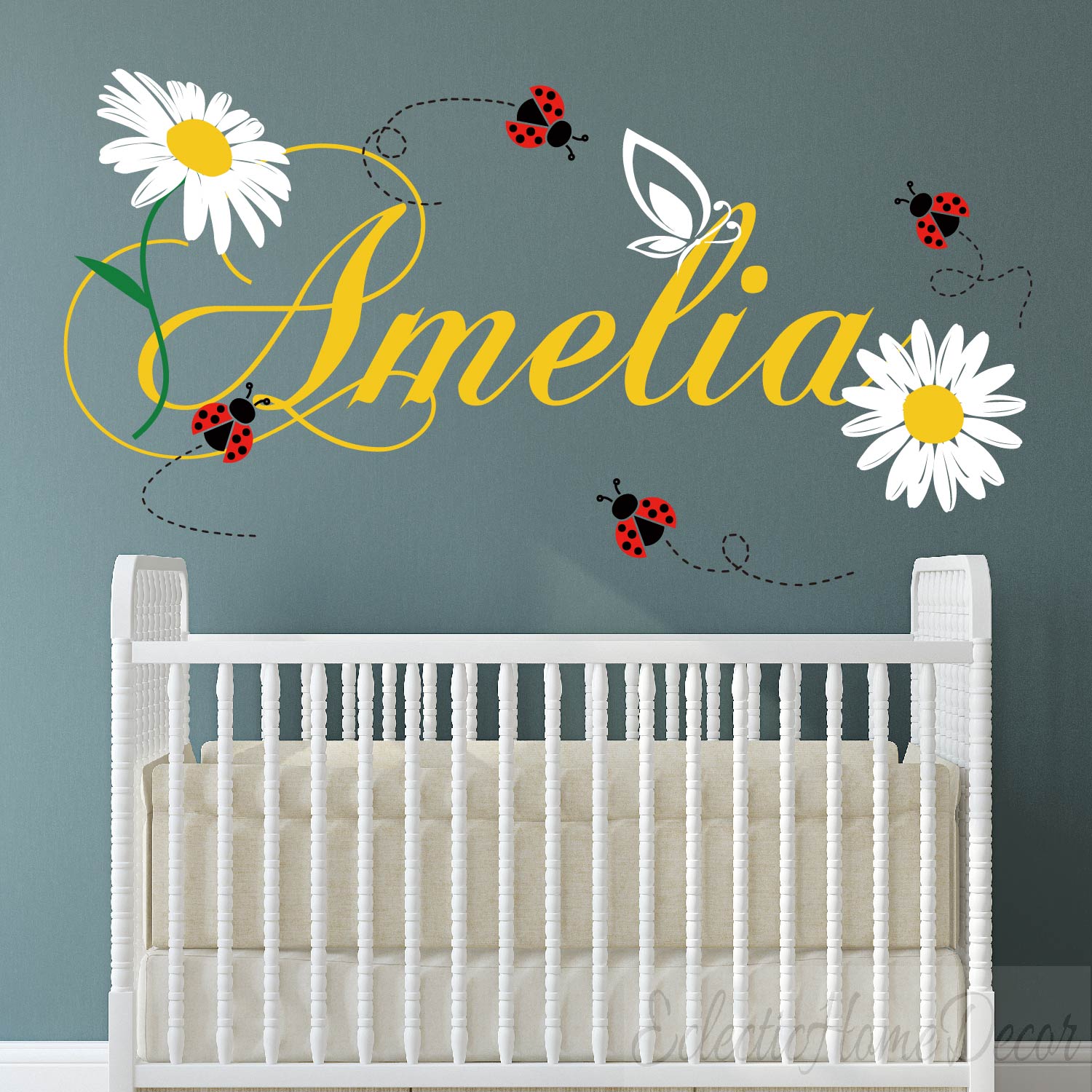 Personalized daisy flower wall decals with custom name and ladybugs for nursery

