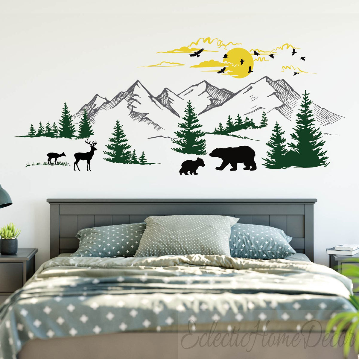 Mountain Landscape Wall Decal with Pine Trees, Sun, and Woodland Animals