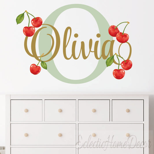 Custom cherry wall decals personalized with name for girls nursery bedroom
