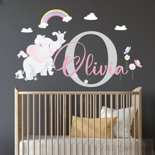 Custom Watercolor Elephant and Bunny Wall Decal – Personalized Name Sticker for Nursery Room, Baby Girl or Boy Decor, Animal-Themed Wall Art